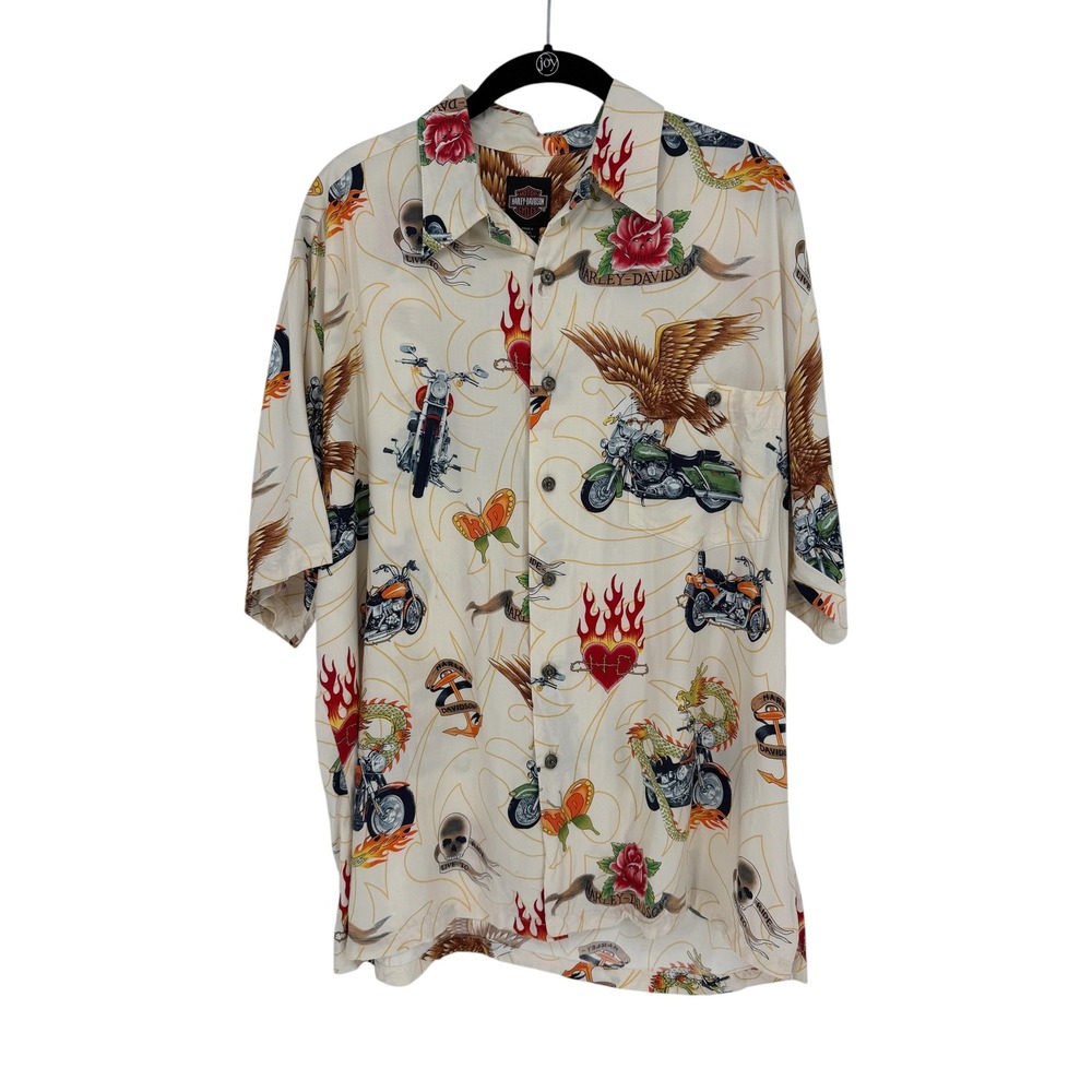 Harley Davidson Tori Richard Tattoo Eagle Skull Button Up Shirt Mens Large Cream